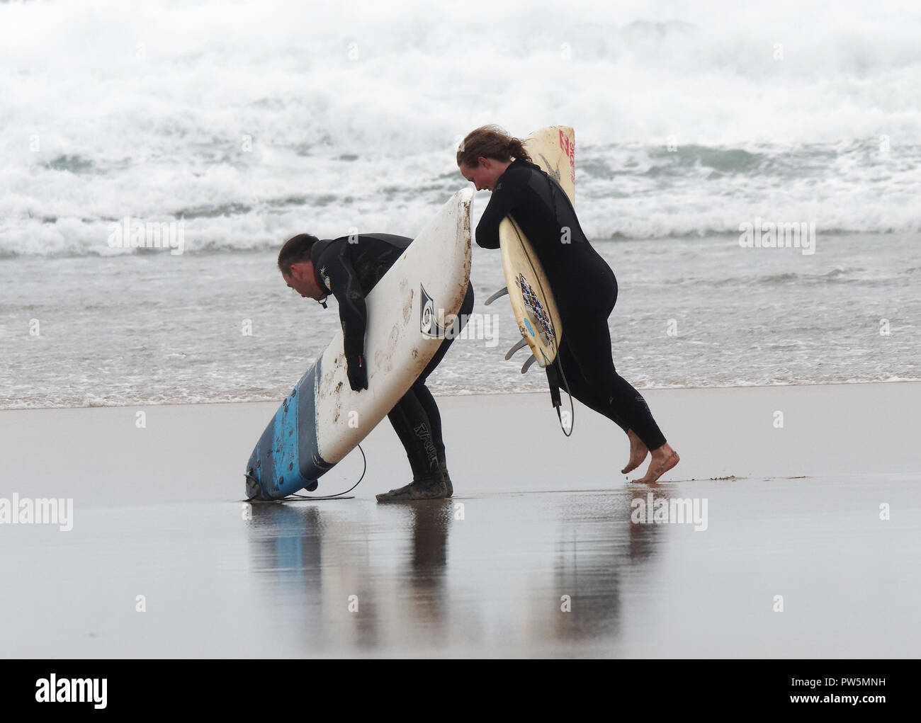 Newquay, Cornwall. 12th Oct 2018. UK Weather, British Universities and Colleges Sports organization postpone the first day of UK`s largest surf contest as to Storm Callum conditions at Fistral Beach.   Fistral Bay.12th September, 2018  Robert Taylor/Alamy Live News.  Newquay, Cornwall, UK. Credit: Robert Taylor/Alamy Live News Stock Photo
